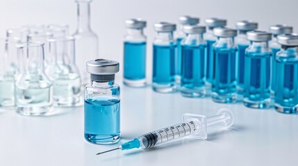 A vial of medication and 3ml plastic syringe with needle on a white background in blue tones.