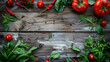 Frame of fresh vegetables on a wooden background.