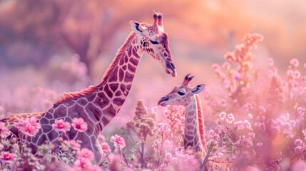 Wall Mural - Cinematic photograph of jiraffe and baby in a field full of blooming flowers. Mother's Day. Pink and purple color palette.