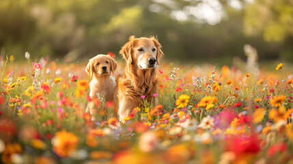 Wall Mural - Cinematic photograph of golden retriever dog and baby in a field full of colorful blooming flowers. Mother's Day.