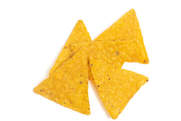 Group of crispy corn tortilla nachos chips isolated on white background clipping path