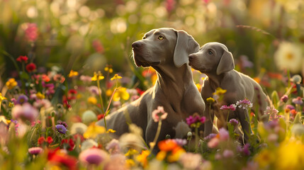 Wall Mural - Cinematic photograph of Weimaraner dog and baby in a field full of colorful blooming flowers. Mother's Day.