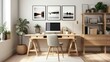 © master1305 - Modern and minimalist home office filling with sunlight. Wooden desk with computer monitor, small desk lamp, decorative items and plants