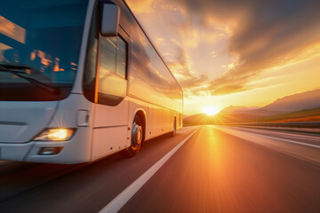 white intercity bus cruising on a scenic highway at sunset.Comfortable travel