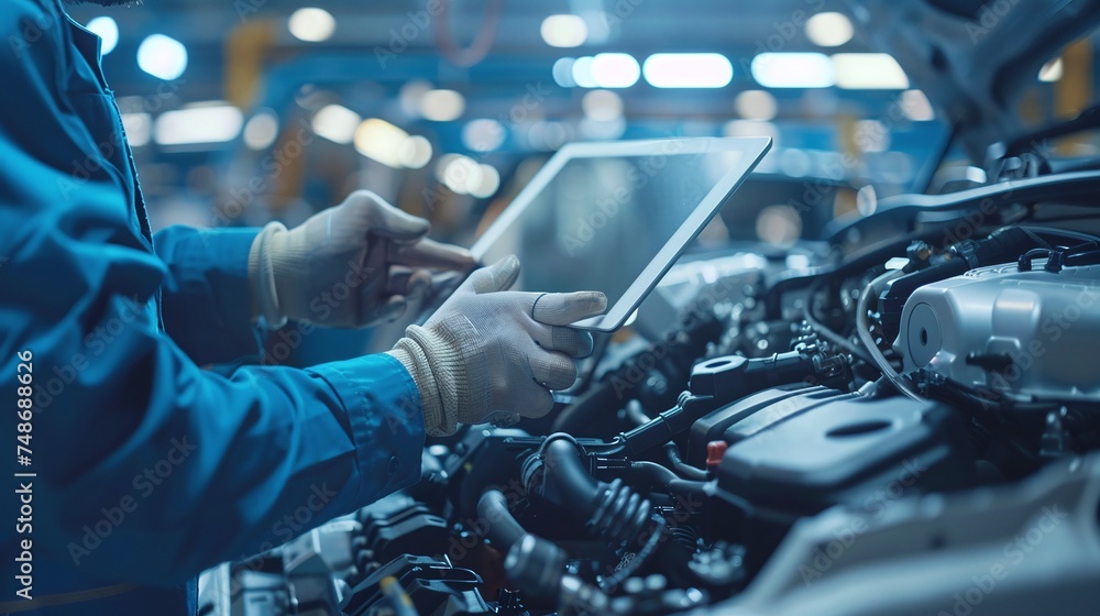mechanic conducts hands-on engine inspection using tablet computer for ...