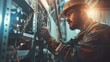 © CinimaticWorks - experienced technician works on switchboard with electrical connecting cable, providing reliable maintenance and repair service