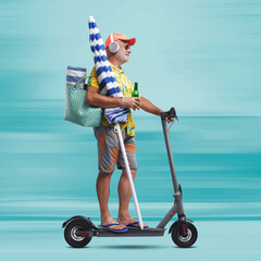 Poster - Senior man going to the beach with an electric scooter