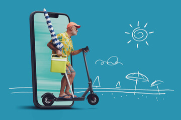 Canvas Print - Tourist riding an electric scooter and smartphone