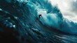enchanting closeup of surfer riding big wave barrel, promoting thrilling surfing action in the ocean
