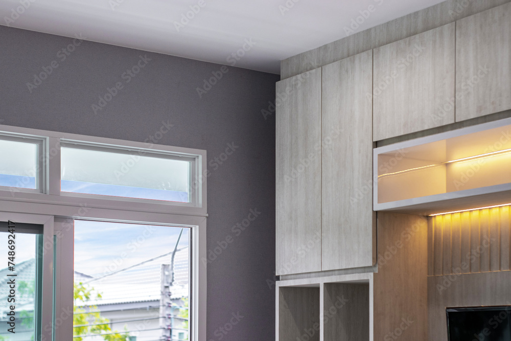 Internal details of the oak wooden cabinet. Detail of modern furniture ...