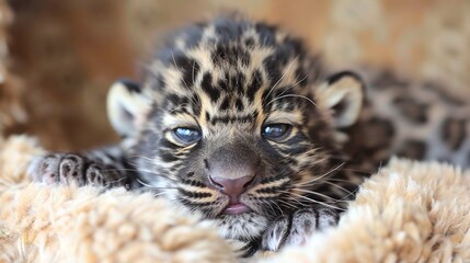 Wall Mural - mesmerizing wildlife photography featuring a tiny leopard cub in a stunning closeup portrait