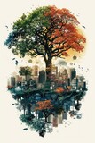 Fototapeta Panele - Surreal art of a tree blending with an urban cityscape.