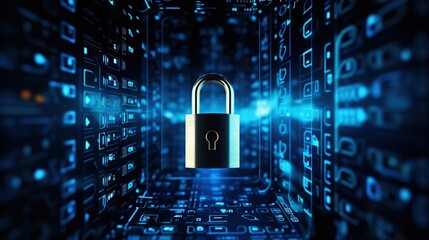 Digital padlock with binary code for data privacy, internet safe, data protection and cyber security concept background.