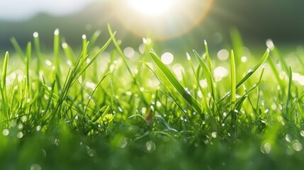 Wall Mural - The fresh green grass on a spring morning, with dew.