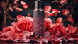 A perfume bottle against the backdrop of rose petals.