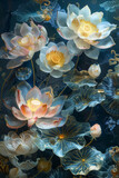 Fototapeta Kwiaty - A large arrangement of lotus flowers are on a dark background.