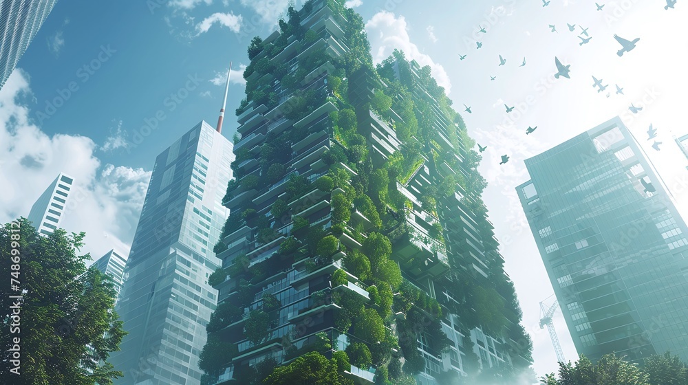 net zero emissions eco building with vertical garden in modern city ...