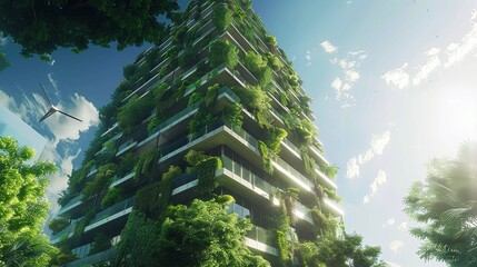 futuristic net zero emissions building in urban environment with sustainable green architecture and vertical garden design