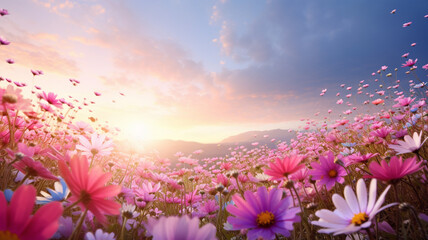 Wall Mural - panorama view of beautiful field of flowers with flying petals at sunrise