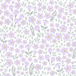 Vector illustration. Seamless pattern of purple small flowers on a white background. Ditsy floral purple pattern, field of flowers, print for fabric, textile, wallpaper, baby clothes, packaging