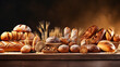 Panoramic set fresh bread products. Wide format illustration background