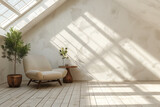 Fototapeta  - interior of an empty white living room in the attic with a skylight and an armchair