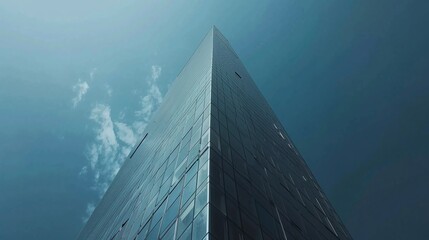 three point perspective view of a tall building with blue sky in the background, winner photo displaying glass reflections and low angle nature photo on a dark background in a modern architectural