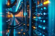 © DK_2020 - A communication hub featuring high-tech servers and illuminated fiber-optic cables. Data center with a blue LED-lit backdrop, showcasing the precision and complexity of communication technology.