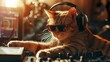 groovy ginger cat with stylish sunglasses and headphones, acting as a rock and roll DJ disc jockey to entertain guests at a lively party event