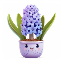 Wall Mural - Cute, purple hyacinths, spring flowers, , in a pot with eyes, kawaii character , style, 3d, on a white background, illustration.