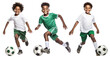 Set of happy young African American football (soccer) players, cut out