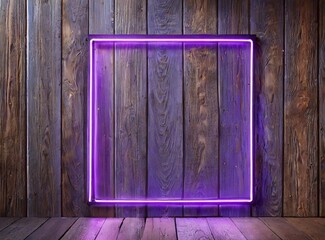 Poster - Purple neon frame isolated on wooden background with space for text