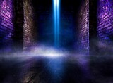 Fototapeta  - Urban scenery with empty space for display. Brick walls. Blue light. Background.