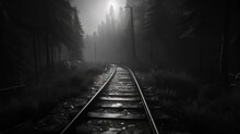 A Black And White Photo Of A Train Track In The Middle Of A Foggy Forest With A Light At The End Of The Track.