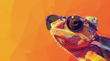 Fashionable Chameleon: Sunglasses on Solid Color Background, Vector Art with Minimalistic Faceted Design and Abstract Panorama Background - Unique Generative AI Illustration