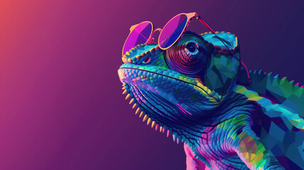 Fashionable Chameleon: Sunglasses on Solid Color Background, Vector Art with Minimalistic Faceted Design and Abstract Panorama Background - Unique Generative AI Illustration