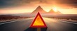 Red warning triangle is on wet road while bad weather, car accident, banner. Generative Ai.