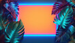 Tropical frame of flowers and leaves with space in the center in neon color ,spring concept