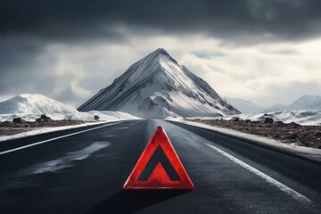 Wall Mural - Red warning triangle is on wet road while bad weather, car accident. Generative Ai.
