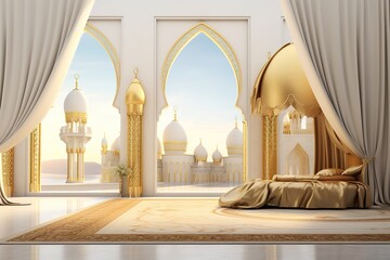 Wall Mural - Islamic decoration background for Ramadan with lantern and mosque 3D rendering. 3D Illustration Generative AI