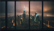 Rainy cityscape viewed through a window with water droplets, warm indoor lighting contrasts with the cool outdoor dawn hues.