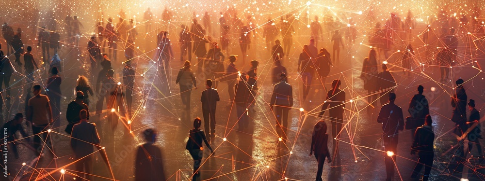 networking technology, large crowd of people connected by glowing lines ...