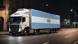 © Александр Бердюгин - A truck with the national flag of Argentina depicted carries goods to another country along the highway. Concept of export-import,transportation, national delivery of goods.