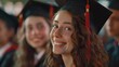 © CinimaticWorks - happy cute brunette caucasian grad girl is smiling, blurred classmates are behind, she is in a black mortarboard with red tassel, in gown, with nice brown curly hair, diploma in hand