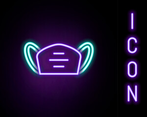 Poster - Glowing neon line Medical protective mask icon isolated on black background. Colorful outline concept. Vector