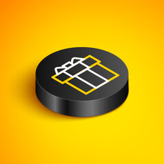 Poster - Isometric line Gift box icon isolated on yellow background. Black circle button. Vector