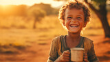 Fototapeta  - Poor, beggar, hungry Caucasian child boy in Africa, thirsty to drink water.