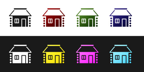 Wall Mural - Set Old Ukrainian house hut icon isolated on black and white background. Traditional village house. Vector