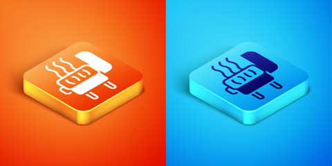 Wall Mural - Isometric Barbecue grill icon isolated on orange and blue background. BBQ grill party. Vector