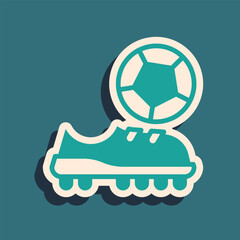 Sticker - Green Football shoes icon isolated on green background. Soccer boots. Sport football foot protection. Long shadow style. Vector